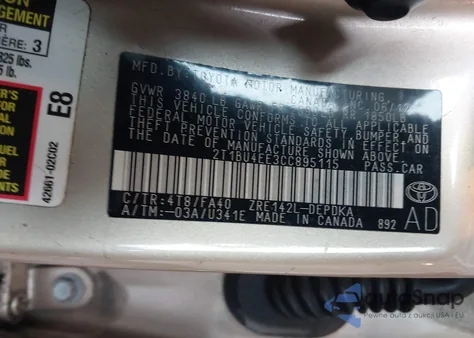 2012 Toyota Corolla L from USA, damaged, VIN 2T1BU4EE3CC895115